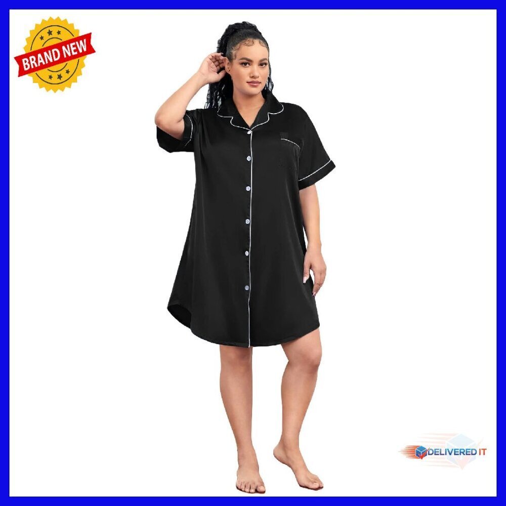 Plus Size Satin Nightdress with Pockets Button Front Sleepwear